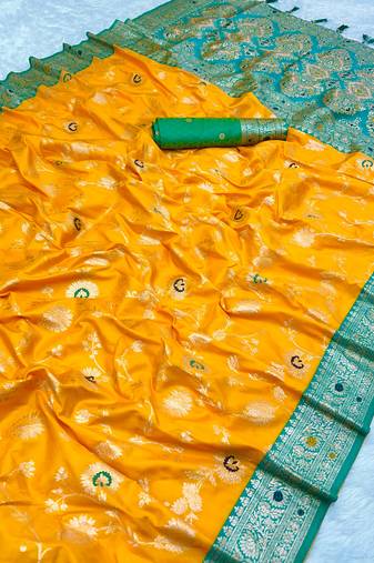Yellow Soft Banarasi silk blend Saree