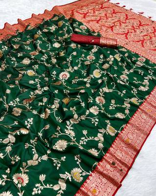 Dark Green Soft Banarasi silk blend Saree 1
