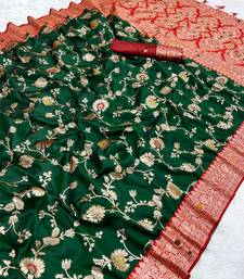 Dark Green Soft Banarasi silk blend Saree