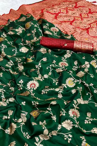 Dark Green Soft Banarasi silk blend Saree