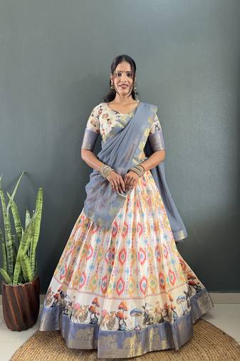 Cream and Grey Soft Dola Cotton Silk Digital Print Lehenga Choli Set