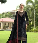 Black Designer Velvet Pakistani Unstitched Suit Set