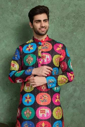 Multicolor heavy rayon print with embroidery work wedding function festival party wear straight kurta