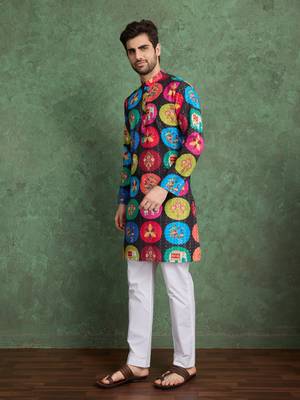 Multicolor heavy rayon print with embroidery work wedding function festival party wear straight kurta 4