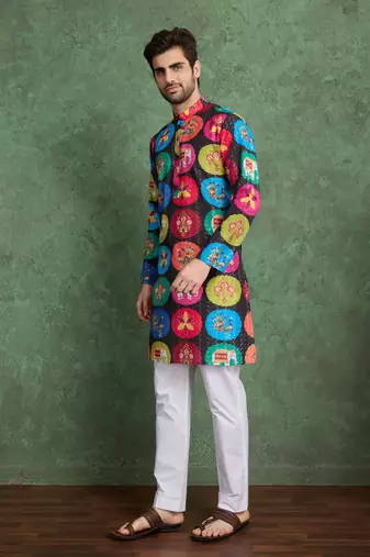 Multicolor heavy rayon print with embroidery work wedding function festival party wear straight kurta