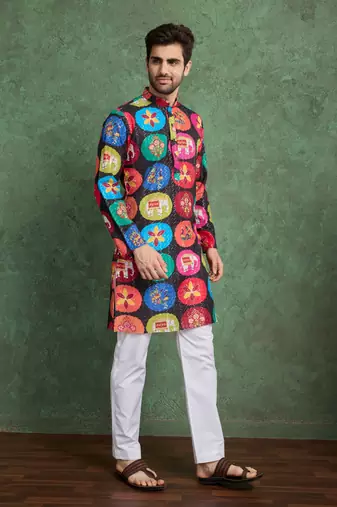 Multicolor heavy rayon print with embroidery work wedding function festival party wear straight kurta