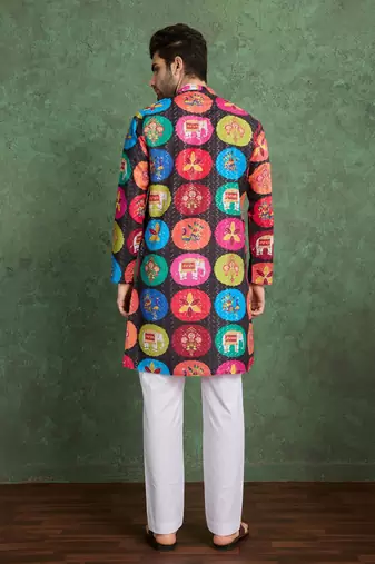 Multicolor heavy rayon print with embroidery work wedding function festival party wear straight kurta