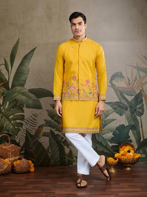 Yellow cotton thread with sequins embroidered work wedding festival party wear straight kurta with jacket 1