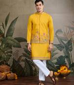 Yellow cotton thread with sequins embroidered work wedding festival party wear straight kurta with jacket