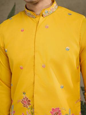 Yellow cotton thread with sequins embroidered work wedding festival party wear straight kurta with jacket 2