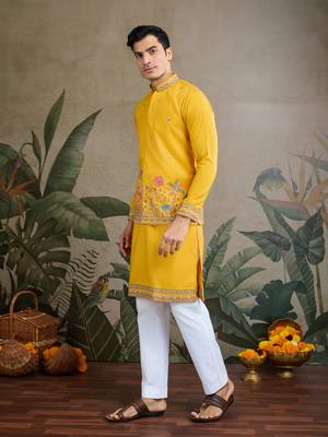 Yellow cotton thread with sequins embroidered work wedding festival party wear straight kurta with jacket 3