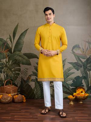 Yellow cotton thread with sequins embroidered work wedding festival party wear straight kurta with jacket 4