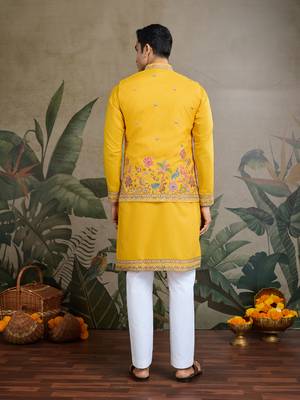 Yellow cotton thread with sequins embroidered work wedding festival party wear straight kurta with jacket 5