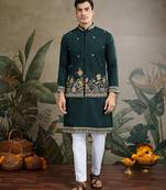 Green cotton thread with sequins embroidered work wedding festival party wear straight kurta with jacket