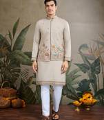 Beige cotton thread with sequins embroidered work wedding festival party wear straight kurta with jacket