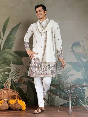 WHITE VISCOSE SILK THEAD WITH SEQUINS EMBROIDERED WORK WEDDING FUNCTION FESTIVAL PARTY WEAR STRAIGHT KURTA WITH DUPATTA 1