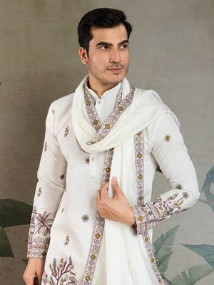 WHITE VISCOSE SILK THEAD WITH SEQUINS EMBROIDERED WORK WEDDING FUNCTION FESTIVAL PARTY WEAR STRAIGHT KURTA WITH DUPATTA 3