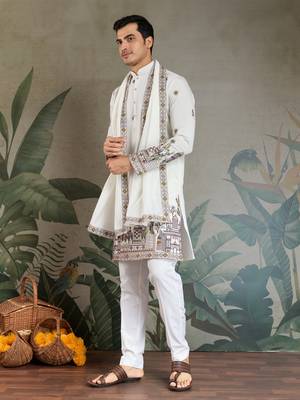 WHITE VISCOSE SILK THEAD WITH SEQUINS EMBROIDERED WORK WEDDING FUNCTION FESTIVAL PARTY WEAR STRAIGHT KURTA WITH DUPATTA 4