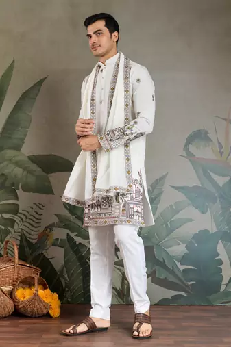 WHITE VISCOSE SILK THEAD WITH SEQUINS EMBROIDERED WORK WEDDING FUNCTION FESTIVAL PARTY WEAR STRAIGHT KURTA WITH DUPATTA
