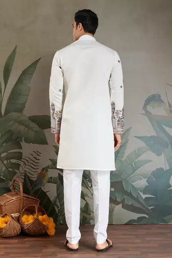 WHITE VISCOSE SILK THEAD WITH SEQUINS EMBROIDERED WORK WEDDING FUNCTION FESTIVAL PARTY WEAR STRAIGHT KURTA WITH DUPATTA