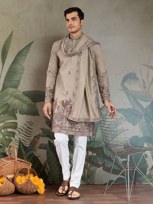 beige silk embroidered kurta with dupatta 1