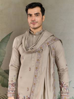 beige silk embroidered kurta with dupatta 3