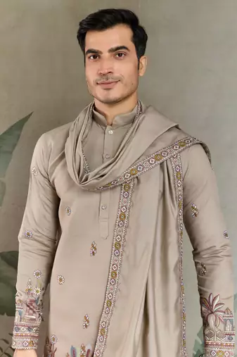 beige silk embroidered kurta with dupatta