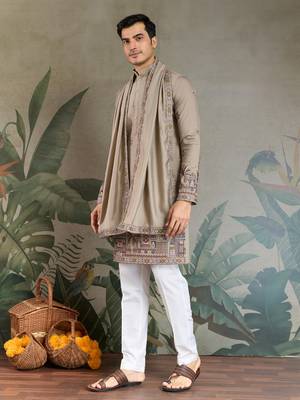 beige silk embroidered kurta with dupatta 4