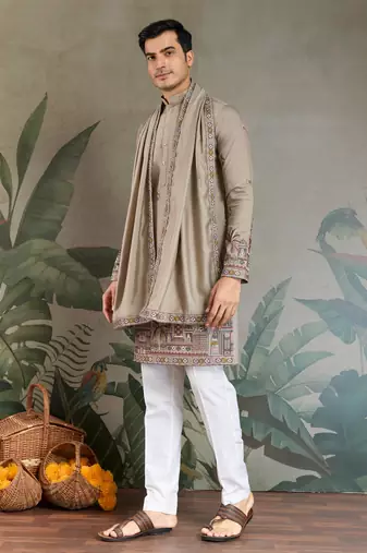 beige silk embroidered kurta with dupatta