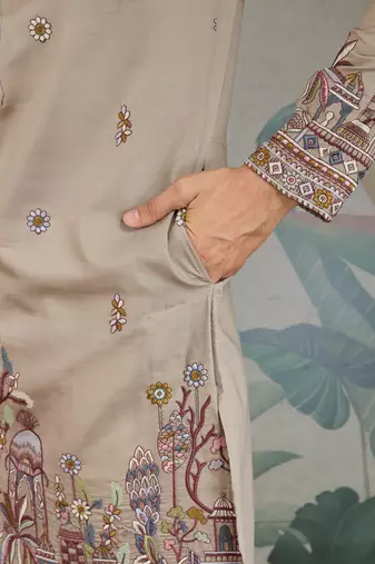 beige silk embroidered kurta with dupatta