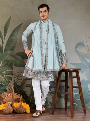SKY BLUE VISCOSE SILK THEAD WITH SEQUINS EMBROIDERED WORK WEDDING FESTIVAL PARTY WEAR STRAIGHT KURTA WITH DUPATTA 1