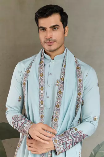 SKY BLUE VISCOSE SILK THEAD WITH SEQUINS EMBROIDERED WORK WEDDING FESTIVAL PARTY WEAR STRAIGHT KURTA WITH DUPATTA