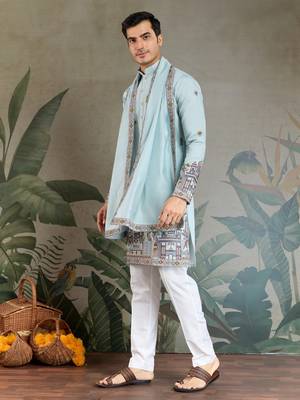 SKY BLUE VISCOSE SILK THEAD WITH SEQUINS EMBROIDERED WORK WEDDING FESTIVAL PARTY WEAR STRAIGHT KURTA WITH DUPATTA 4