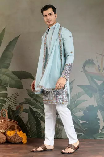 SKY BLUE VISCOSE SILK THEAD WITH SEQUINS EMBROIDERED WORK WEDDING FESTIVAL PARTY WEAR STRAIGHT KURTA WITH DUPATTA