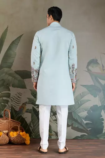 SKY BLUE VISCOSE SILK THEAD WITH SEQUINS EMBROIDERED WORK WEDDING FESTIVAL PARTY WEAR STRAIGHT KURTA WITH DUPATTA
