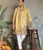 Yellow viscose silk thead with sequins embroidered work wedding function festival party wear straight kurta with dupatta