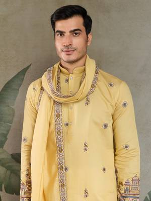 YELLOW VISCOSE SILK THEAD WITH SEQUINS EMBROIDERED WORK WEDDING FUNCTION FESTIVAL PARTY WEAR STRAIGHT KURTA WITH DUPATTA 3