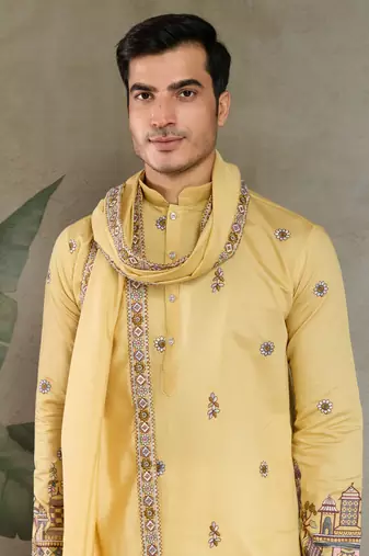 YELLOW VISCOSE SILK THEAD WITH SEQUINS EMBROIDERED WORK WEDDING FUNCTION FESTIVAL PARTY WEAR STRAIGHT KURTA WITH DUPATTA