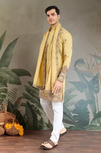 YELLOW VISCOSE SILK THEAD WITH SEQUINS EMBROIDERED WORK WEDDING FUNCTION FESTIVAL PARTY WEAR STRAIGHT KURTA WITH DUPATTA