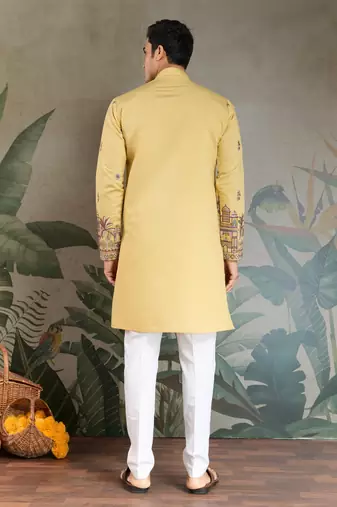 YELLOW VISCOSE SILK THEAD WITH SEQUINS EMBROIDERED WORK WEDDING FUNCTION FESTIVAL PARTY WEAR STRAIGHT KURTA WITH DUPATTA