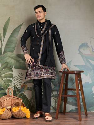 BLACK VISCOSE SILK THEAD WITH SEQUINS EMBROIDERED WORK WEDDING FUNCTION FESTIVAL PARTY WEAR STRAIGHT KURTA WITH DUPATTA 1