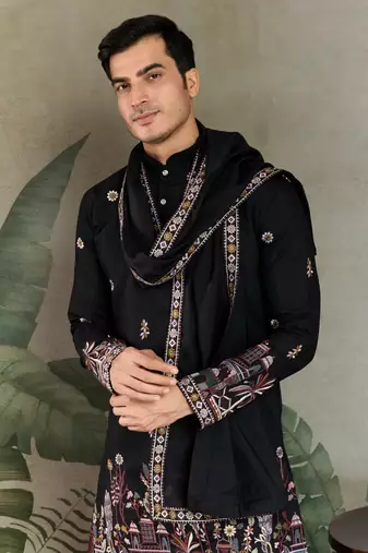 BLACK VISCOSE SILK THEAD WITH SEQUINS EMBROIDERED WORK WEDDING FUNCTION FESTIVAL PARTY WEAR STRAIGHT KURTA WITH DUPATTA