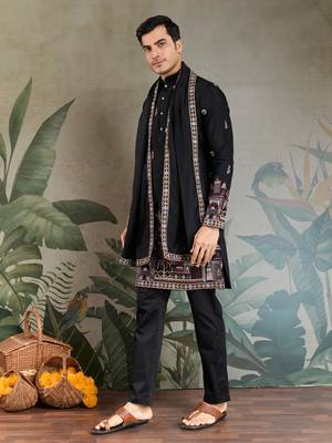 BLACK VISCOSE SILK THEAD WITH SEQUINS EMBROIDERED WORK WEDDING FUNCTION FESTIVAL PARTY WEAR STRAIGHT KURTA WITH DUPATTA 4