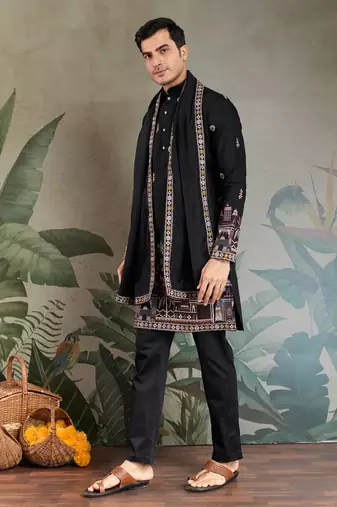 BLACK VISCOSE SILK THEAD WITH SEQUINS EMBROIDERED WORK WEDDING FUNCTION FESTIVAL PARTY WEAR STRAIGHT KURTA WITH DUPATTA
