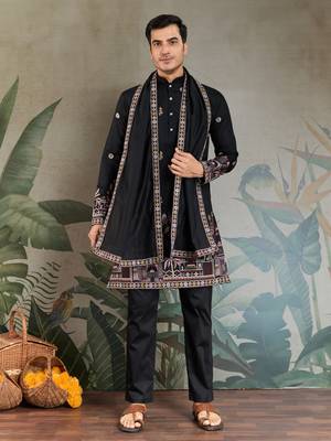 BLACK VISCOSE SILK THEAD WITH SEQUINS EMBROIDERED WORK WEDDING FUNCTION FESTIVAL PARTY WEAR STRAIGHT KURTA WITH DUPATTA 5
