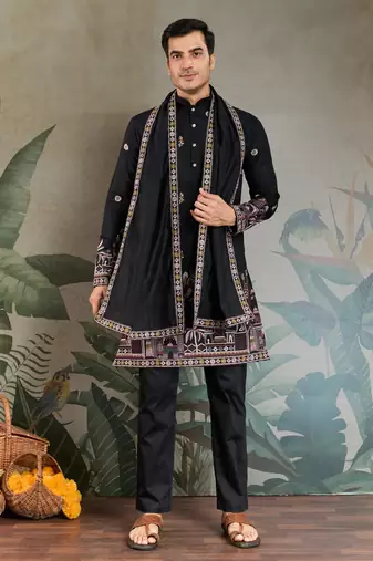 BLACK VISCOSE SILK THEAD WITH SEQUINS EMBROIDERED WORK WEDDING FUNCTION FESTIVAL PARTY WEAR STRAIGHT KURTA WITH DUPATTA