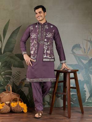 PURPLE VISCOSE SILK THEAD WITH SEQUINS EMBROIDERED WORK WEDDING FUNCTION FESTIVAL PARTY WEAR STRAIGHT KURTA PANT KOTI 1
