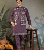 Purple viscose silk thead with sequins embroidered work wedding function festival party wear straight kurta pant koti