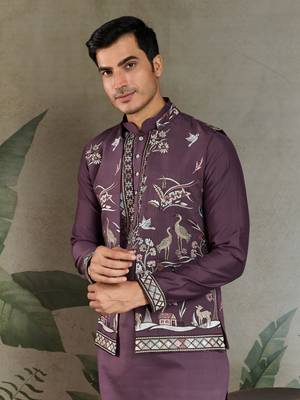 PURPLE VISCOSE SILK THEAD WITH SEQUINS EMBROIDERED WORK WEDDING FUNCTION FESTIVAL PARTY WEAR STRAIGHT KURTA PANT KOTI 3