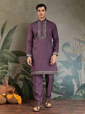 PURPLE VISCOSE SILK THEAD WITH SEQUINS EMBROIDERED WORK WEDDING FUNCTION FESTIVAL PARTY WEAR STRAIGHT KURTA PANT KOTI 4